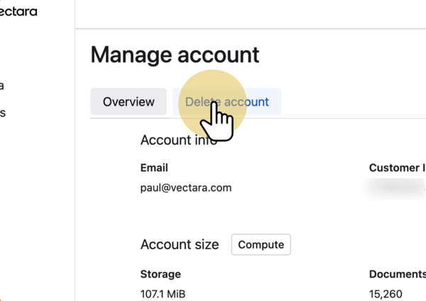 Delete account tab