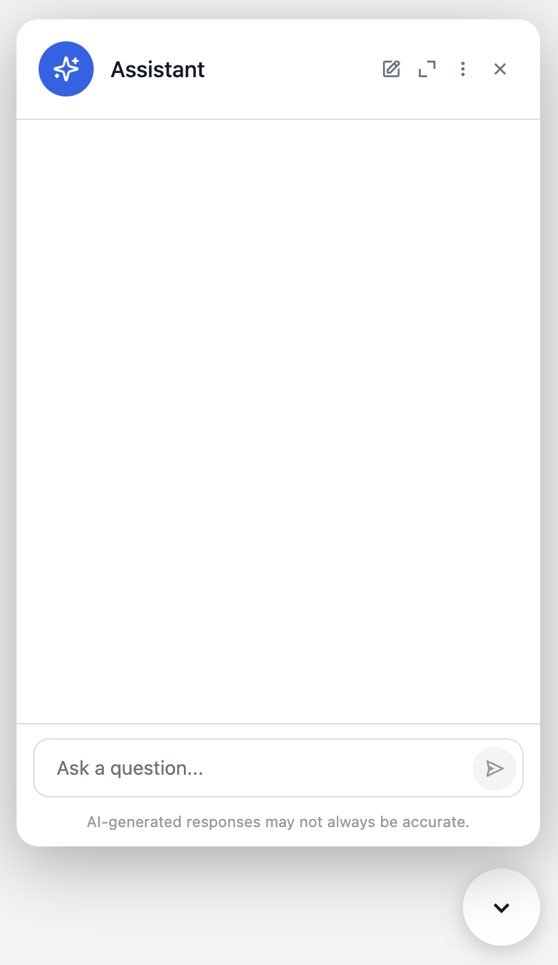 Popup Agent Chat panel open on a page with default branding, an empty transcript, and the Ask a question composer.