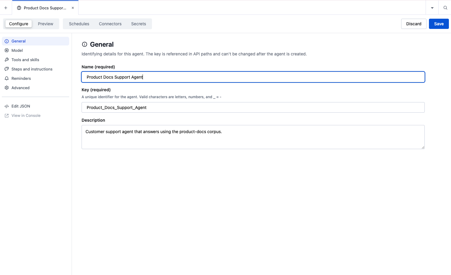 Generated agent draft open in the Configure editor, showing the General section with Name, Key, and Description.