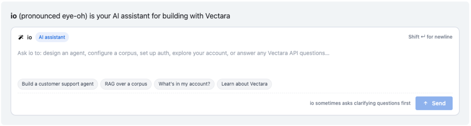 Vectara Console showing the io agent panel and starting options.